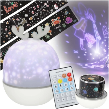 Lampka nocna projektor gwiazd LED USB obrotowy 6 motywów pilot renifer