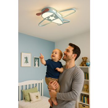 Lampa LED sufitowa plafon do pokoju dziecięcego ściemniana LUMELA + pilot samolot