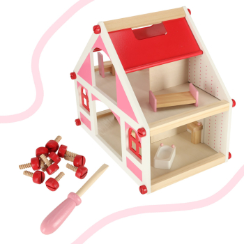 Domek dla lalek drewniany biały różowy mebelki 36cm