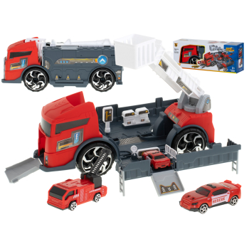 TIR laweta ciężarówka samochód transporter naczepa 2w1 parking resoraki straż pożarna 2 auta czerwone