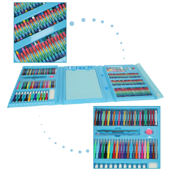 Zestaw plastyczny do malowania w walizce 208 elementów kredki pastele markery pisaki farby linijka niebieski