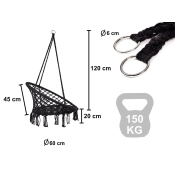 Huśtawka fotel bocianie gniazdo z oparciem czarna 80cm 150kg
