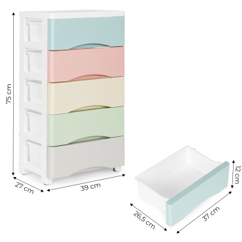 Regał z 5 wysuwanymi szufladami nogi z kółkami kolorowe szuflady ModernHome