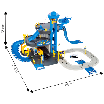 Garaż samochodowy komenda policji 3 poziomy z windą autka + helikopter 74 elementy