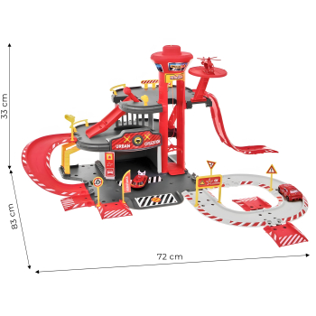 Garaż samochodowy straż pożarna 3 poziomy z windą autka + helikopter 74 elementy