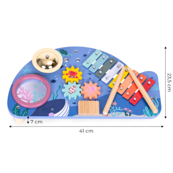 Stolik z instrumentami stół muzyczny cymbałki talerz perkusyjny tarka motyw morski ECOTOYS