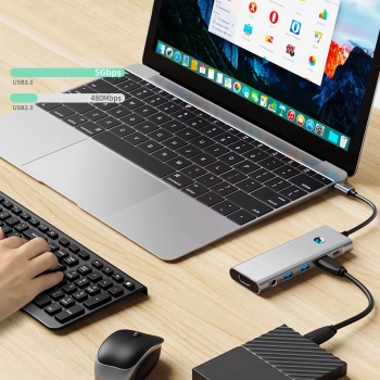 9w1 HUB Adapter USB-C USB-A HDMI SD TF PD 100W mini jack 3.5 4K 60Hz - szary