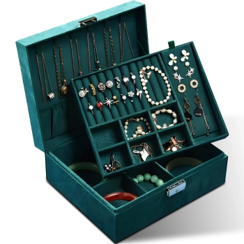 Szkatułka organizer pudełko na biżuterię zamykane na klucz 23.2 x 19 x 9 cm- ciemnozielone