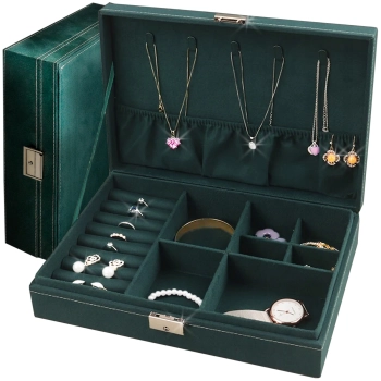 Szkatułka organizer pudełko na biżuterię zamykane na klucz 28 x 19 x 6.5 cm - ciemnozielone