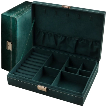 Szkatułka organizer pudełko na biżuterię zamykane na klucz 28 x 19 x 6.5 cm - ciemnozielone