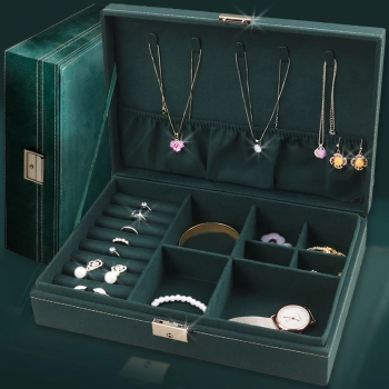 Szkatułka organizer pudełko na biżuterię zamykane na klucz 28 x 19 x 6.5 cm - ciemnozielone