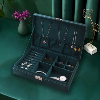 Szkatułka organizer pudełko na biżuterię zamykane na klucz 28 x 19 x 6.5 cm - ciemnozielone