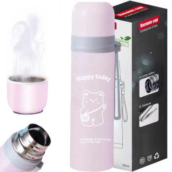 Termos turystyczny próżniowy do kawy herbaty z uchwytem STAL 500 ml - różowy