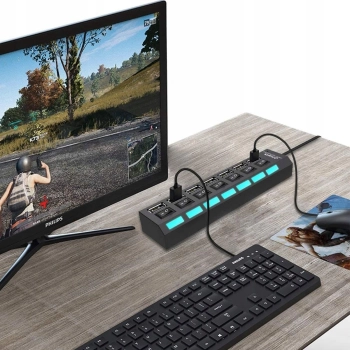 HUB rozdzielacz USB-A z włącznikami podświetlaniem 7 portów