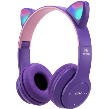 Słuchawki bezprzewodowe dla dzieci FM Bluetooth świecące LED SD kot - fioletowe