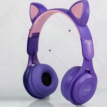 Słuchawki bezprzewodowe dla dzieci FM Bluetooth świecące LED SD kot - fioletowe