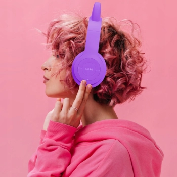 Słuchawki bezprzewodowe dla dzieci FM Bluetooth świecące LED SD kot - fioletowe