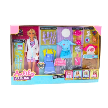 Lalka Anlily 4w1 Lekarz Fryzjer Kucharka Zwierzęta Ubrania Akcesoria