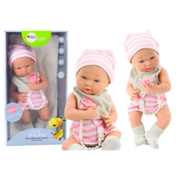 Lalka Bobas w Biało-Różowym Ubranku Czapeczka Smoczek Śliniaczek Kołderka