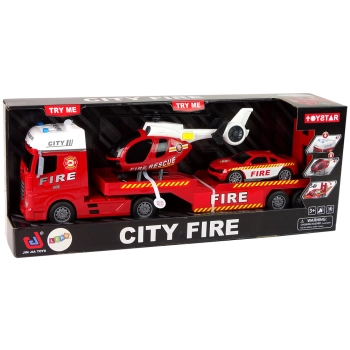 Zestaw Straż Pożarna Laweta Autko Helikopter Dźwięk Światła Czerwone