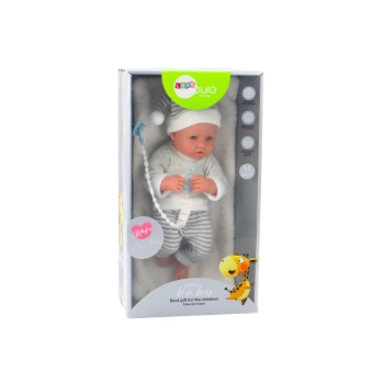 Lalka Bobas w Biało-Szarym Ubranku W Paski Czapeczka Smoczek Kołderka