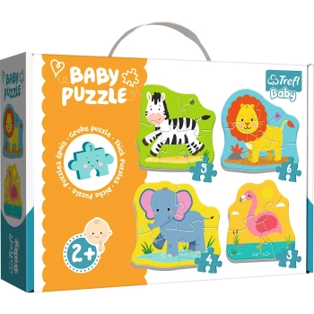 Puzzle - Baby Classic - Zwierzątka na safari - Zebra Lew Słoń Flaming - Trefl 36073