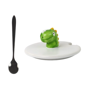 Kubek Ceramiczny Dinozaur Niebieski Przykrywka Łyżeczka 350ml