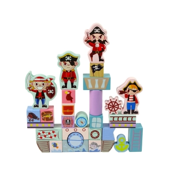 Drewniane Klocki Zamek Piraci Okręt 46 Elementów Puzzle Liczby