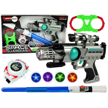 Zestaw Wojownika Kosmosu Pistolet Laserowy Miecz Świetlny Kajdanki Miotacz Dysków