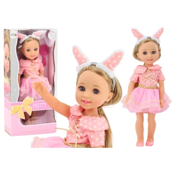 Lalka Różowa Sukienka Długie Włosy Opaska Szczotka 38cm