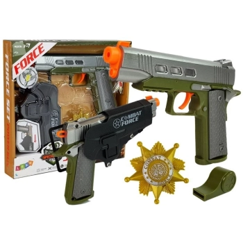 Zestaw Policyjny Pistolet 20cm Odznaka Gwizdek Kabura Efekty Świetlne Dźwięk