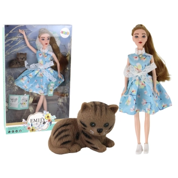 Lalka Dla Dzieci Emily Wiosenna Długie Włosy Niebieska Sukienka Kotek