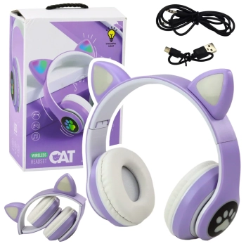 Słuchawki Bezprzewodowe Dla Dzieci Nauszne Bluetooth Kocie Uszy Fioletowe