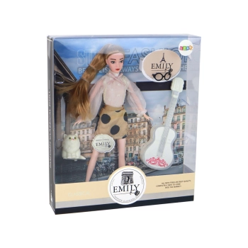 Lalka Dla Dzieci Emily z Gitarą Okulary Długie Blond Włosy Kotek