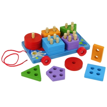 Drewniane Klocki Platforma Na Kółkach Niebieska Sorter Kształty Układanka