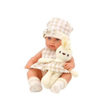 Lalka Bobas W Nosidełku Króliczek Ubranko w Kratę Beżowy