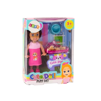 Mini Laleczka Długie Włosy Sukienka Trzy Pieski Legowisko