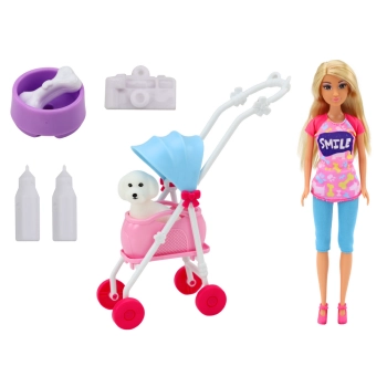 Lalka Anlily z Pieskiem W Wózku Butelki Miska Kość Aparat