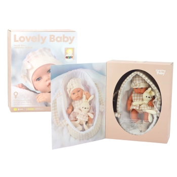 Lalka Bobas W Nosidełku Króliczek Ubranko w Kratę Beżowy