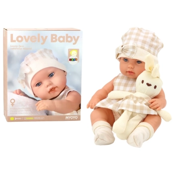 Lalka Bobas W Nosidełku Króliczek Ubranko w Kratę Beżowy