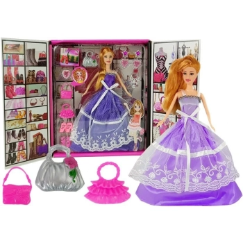 Lalka Fioletowa Suknia Bal Torebka Szpilki Biżuteria