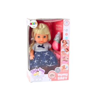 Lalka W Granatowej Sukience Siusiająca Butelka Grzechotka Dźwięki