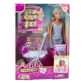 Lalka Anlily Mama Z Dwójką Dzieci Wózek Akcesoria Dziecięce