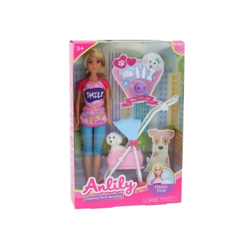 Lalka Anlily z Pieskiem W Wózku Butelki Miska Kość Aparat