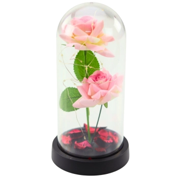 Wieczne Róże w Kopule z Oświetleniem LED i Płatkami Róż Różowe 21x11cm