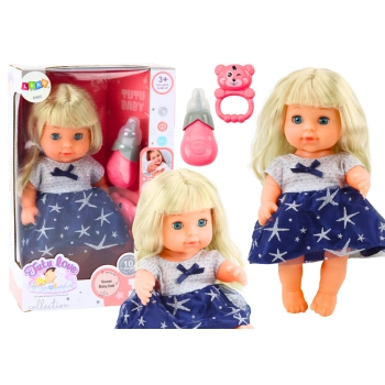 Lalka W Granatowej Sukience Siusiająca Butelka Grzechotka Dźwięki