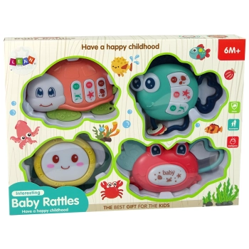 Dziecięcy Zestaw Grzechotek 4 Sztuki Żółw Rybka Zwierzęta Morskie Gryzak