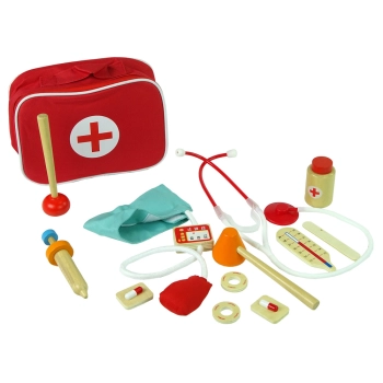 Drewniany Zestaw Lekarza w Torbie Stetoskop Ciśnieniomierz Młotek Strzykawka