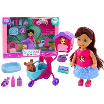 Laleczka Z Psami Lalka Piesek Buda Akcesoria Różowe Szczeniak 16 ele.