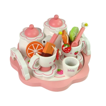 Drewniany Zestaw Do Herbatę Różowy Kwiatki Dzbanek Taca